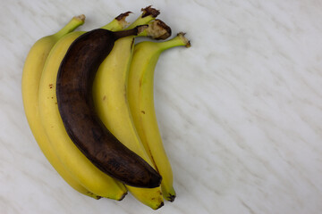 Set of yellow bananas with one overripe brown banana
