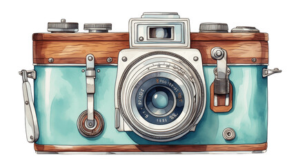 Vintage camera with wood and metal aesthetic, evoking a nostalgic feel of classic photography equipment in a detailed illustration. Isolated on transparent background.