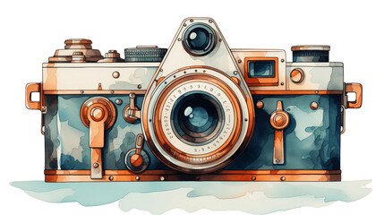 Vintage watercolor camera illustration captured in a realistic artistic style, showcasing intricate details and beautiful colors. Isolated on transparent background.