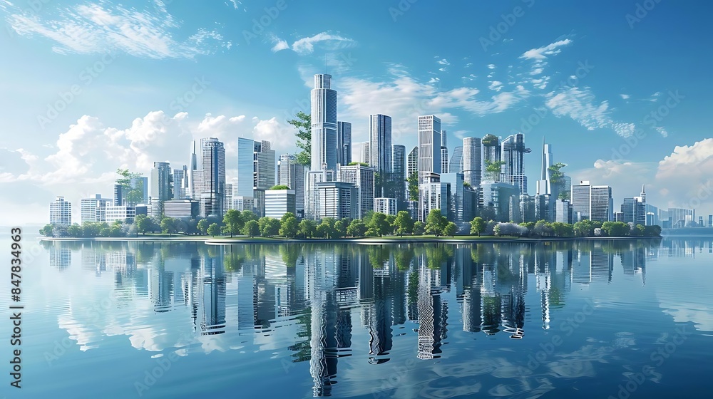 Wall mural a serene cityscape reflected in calm blue waters, framed by lush green trees and a clear blue sky, with fluffy white clouds adding to the picturesque view