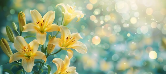 Yellow lily flowers on a blurred background. Banner with space for your text. - Powered by Adobe