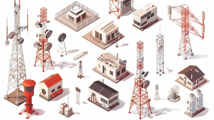 A 3D isometric flat vector set featuring various telecom towers and radio communication structures