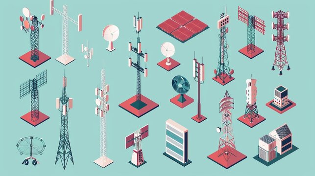 A 3D isometric flat vector set featuring various telecom towers and radio communication structures
