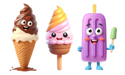 Set of 3d ice cream stick, cone and popsicle cartoon character isolated on transparent background, PNG file add