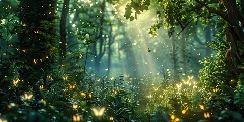 Fototapeta premium a image of a forest with a lot of fireflies flying around