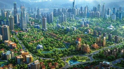 Naklejka premium A vibrant cityscape featuring a sprawling green park surrounded by modern skyscrapers under a clear blue sky and bright sunlight.