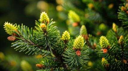 Fototapeta premium Spruce tree with small cones in the springtime burst into bloom