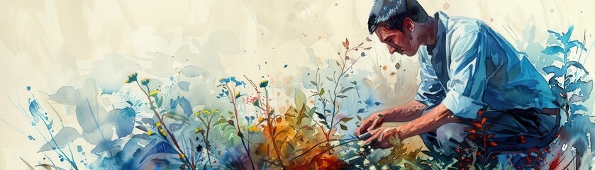 A vibrant watercolor painting of a man tending to a colorful garden, capturing the serenity and beauty of gardening and nature.