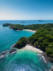 Aerial top view of Bolaños tropical island beach with white sand and emerald water, Chiriquí gulf, Chiriquí province, Panamá, Central America - stock photo