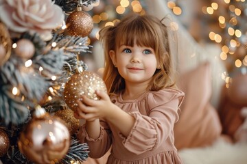 An adorable girl with angelic eyes holds a Christmas ornament while standing by a tree with twinkling lights