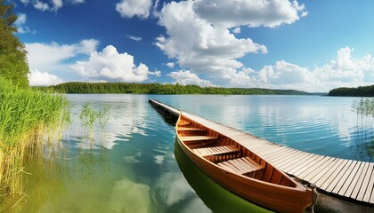 Fototapeta premium canoe on lake coast, beach, reflection, view, bay, green, calm, wooden, sunset