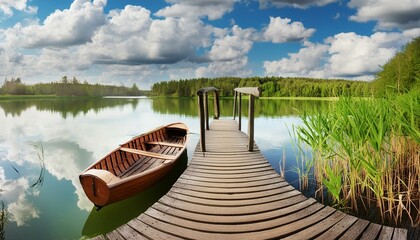 Obraz premium boat on the lake lake, water, boat, pier, wooden, sky, landscape, nature
