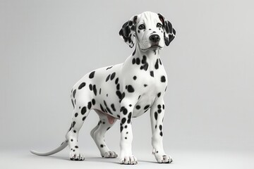 Adorable Dalmatian puppy standing on a plain white background. Perfect for pet lovers and themed designs.