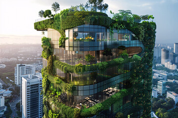 Obraz premium Futuristic office building utilizing rainwater harvesting and vertical gardens for a sustainable work environment