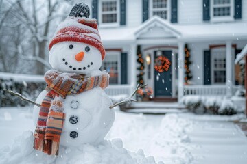 Naklejka premium A cute snowman with a scarf and hat poses playfully in front of a home with Christmas decorations