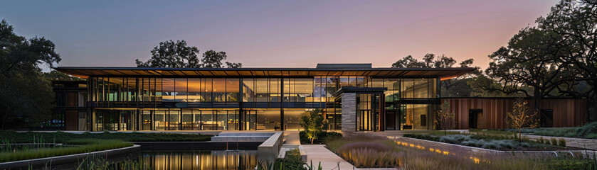 Fototapeta premium Headquarters designed for minimal environmental impact, featuring passive solar design and geothermal heating