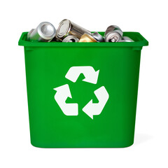 Png green recycling trash can filled with used cans