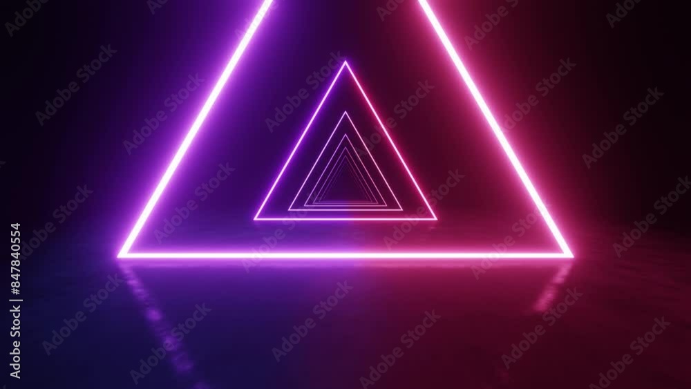 Fototapete abstract of dark sci-fi triangle tunnel, futuristic neon light in geometric form. loop animation.