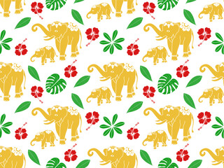 Elephant, leaf and hibiscus flower pattern seamless background for carpet, wallpaper, clothing, wrap, batik, fabric.