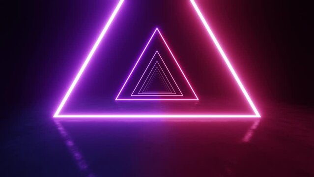 Abstract of dark sci-fi triangle tunnel, Futuristic neon light in geometric form. Loop animation.