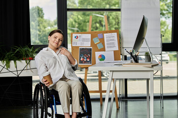 A young businesswoman in a wheelchair is working in a modern office.