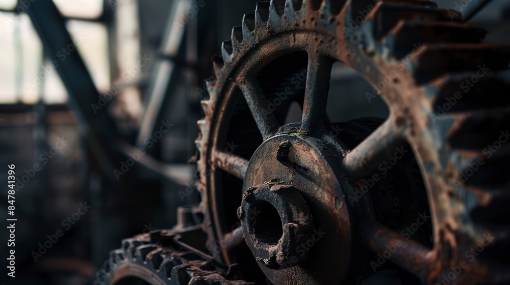 Sticker Industrial factory interior, close-up on rusty gears, dim, moody lighting.