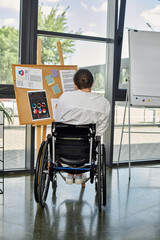 A young businesswoman in a wheelchair works at her desk in a modern office.