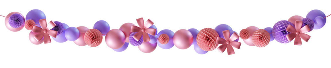 Stylish garland with pink, purple elements, flowers on transparent background. Can be used as divider, footer or header. Happy Birthday, Mothers, Womens Day. Festoon. Its a girl, gender party. 3D