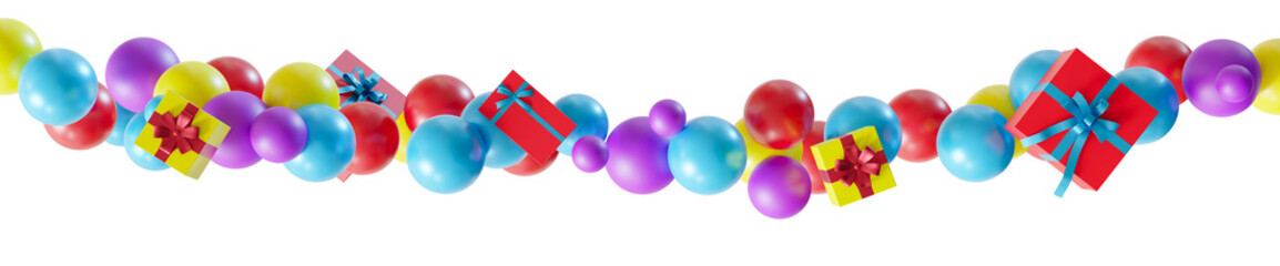 Vibrant, colorful balloons and presents garland on transparent background. Blue, red, purple and yellow elements. Can be used as divider, footer or header. Bday, kids party, Happy Birthday. 3D.