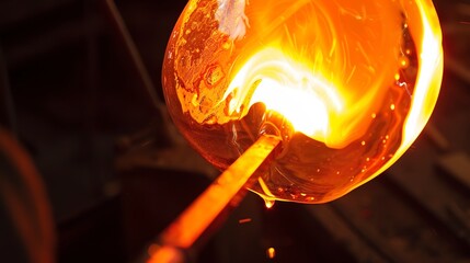 Glass blowing workshop, molten glass shaping, radiant, intense heat glow.