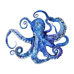 Obraz premium Watercolor Painting of a Blue Octopus With Eight Tentacles