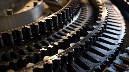 Obraz premium Conveyor belt gears, close-up, intricate metal work, soft, diffused light.