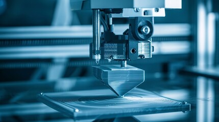 Fototapeta premium 3D printer printing a component, layer by layer, technological, ambient light.