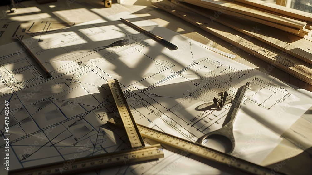 Poster blueprints and measuring tools spread on a drafting table, precise, clear light.