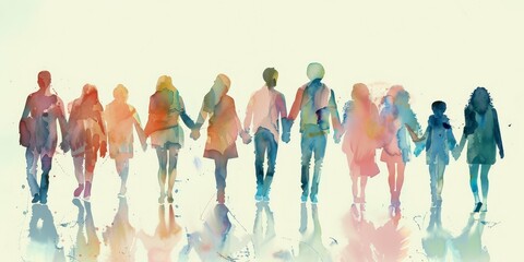 watercolour painting of a group of peoples shape holding hands