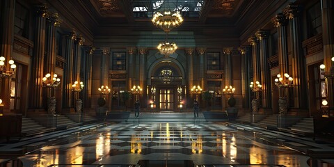 Fototapeta premium a image of a large hall with chandeliers and a clock
