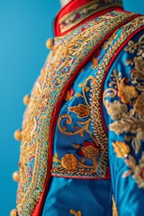 Naklejka premium Close-up of a vibrant, intricately embroidered blue and red jacket with floral patterns against a solid blue background.