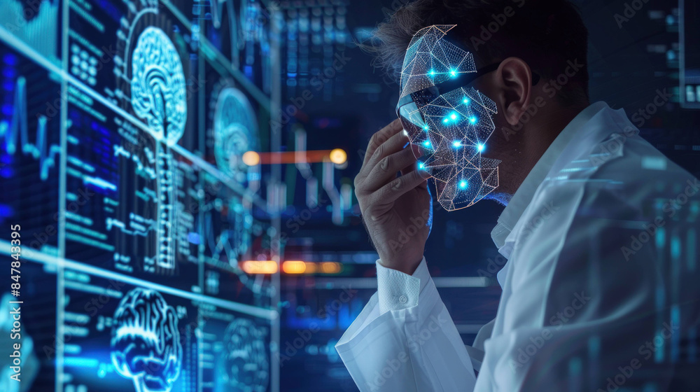Poster Digital Scientist Analyzing Data with AI Algorithms in Background
