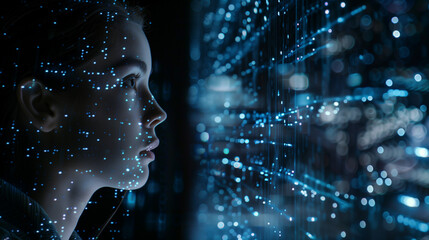A woman is looking at a computer screen with a blue background