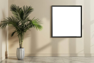 Minimalist Interior Mock-up with Empty Frame and Potted Plant