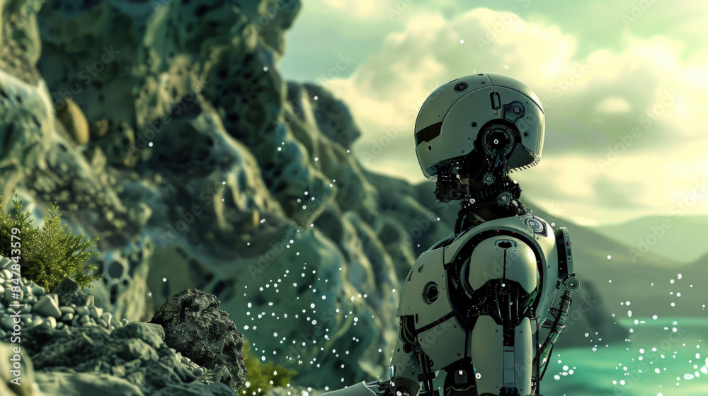 Poster Virtual Explorer - Futuristic Robot in Digital Landscape Representing AI Technology in Virtual Environments