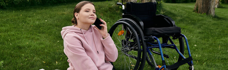 A young woman with a disability sits in her wheelchair, enjoying a moment of peace in a green park, as she talks on her phone.
