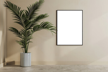 Minimalist Interior Mock-up with Empty Frame and Potted Plant