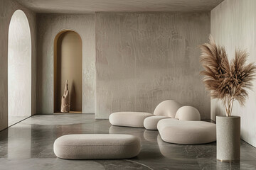 Modern Organic Interior Mock-up with Sculptural Furniture and Natural Elements