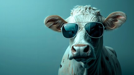 Naklejka premium Surreal Portrait of a Cow Wearing Sunglasses Against a Blue Background, Created with Generative AI