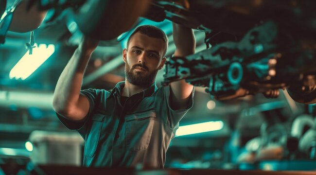 A mechanic is working on the undercarriage