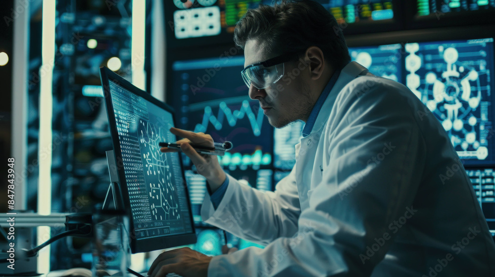 Poster Futuristic Scientist Analyzing Data with AI Algorithms on Computer Screen