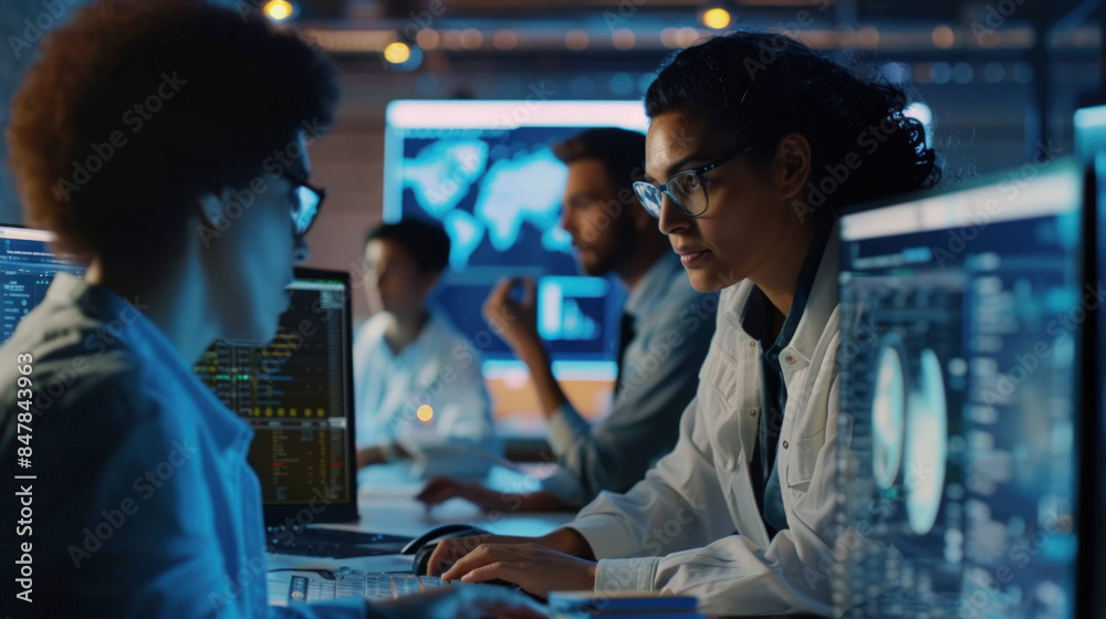 Aufkleber Team of Data Scientists Collaborating on AI Research in a Modern Workspace