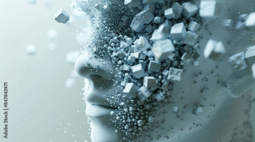Poster Ethereal Cubic Digital Face Disintegration - Concept of AI and Data Abstracted