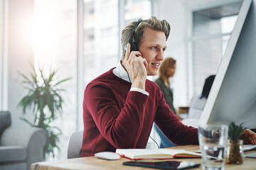 Call center, man and communication for customer support on computer for legal advice, listening or...